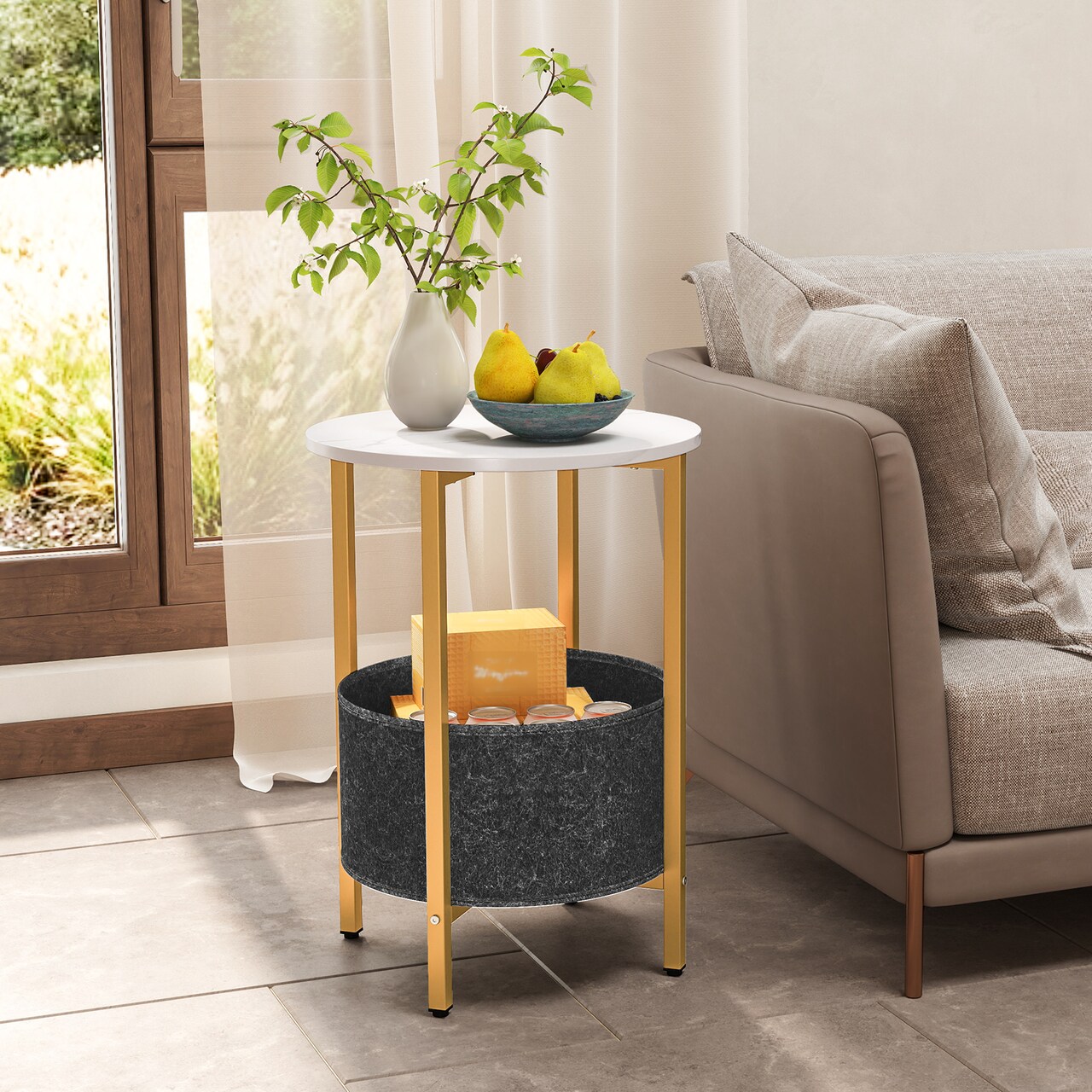 2 Tier Side Table with Fabric Basket and Metal Frame for Bedroom
